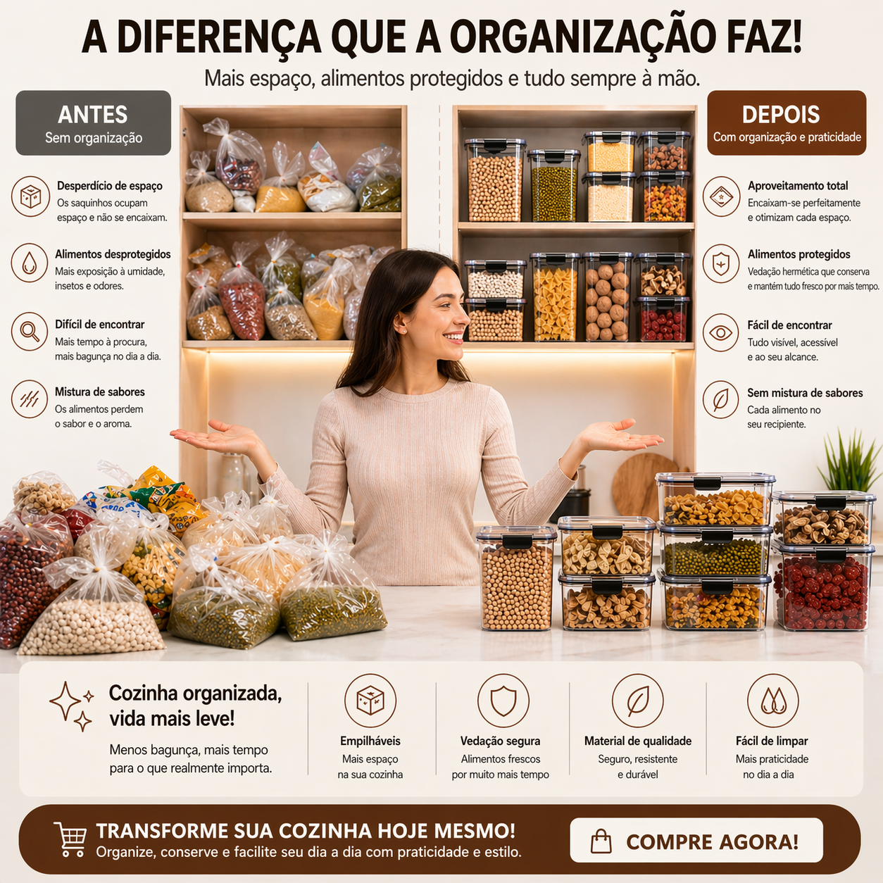 Caixas Herméticas Transparentes para Cereais, Alimentos e Petiscos