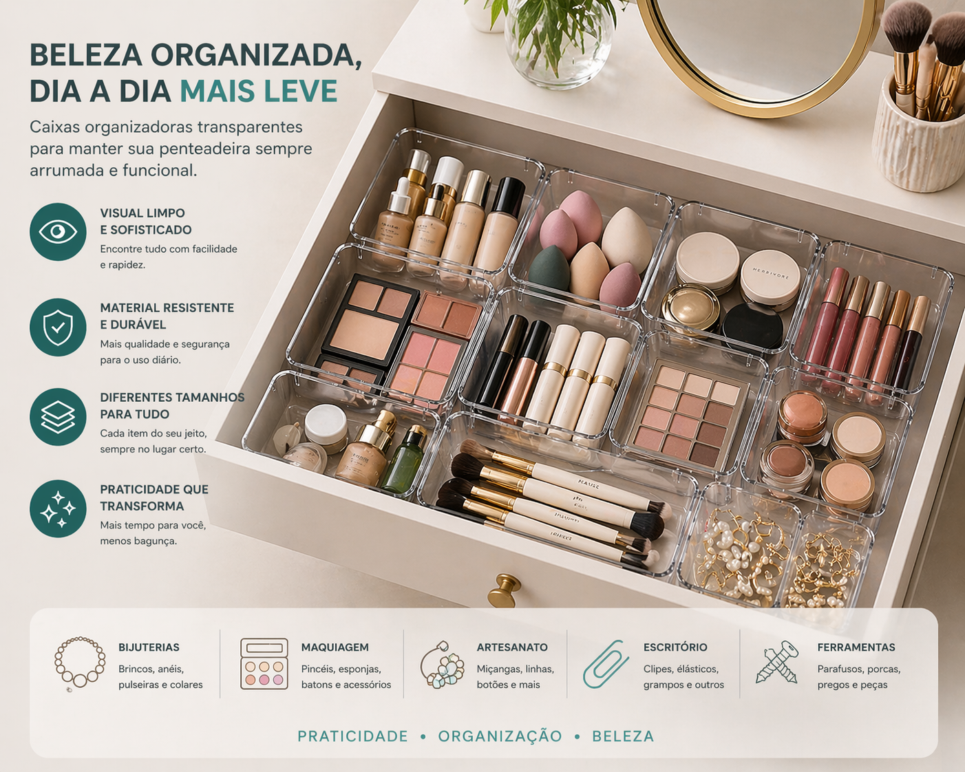 Conjunto de 25 Caixas Organizadoras Transparentes para Gavetas, Prateleiras e Armários