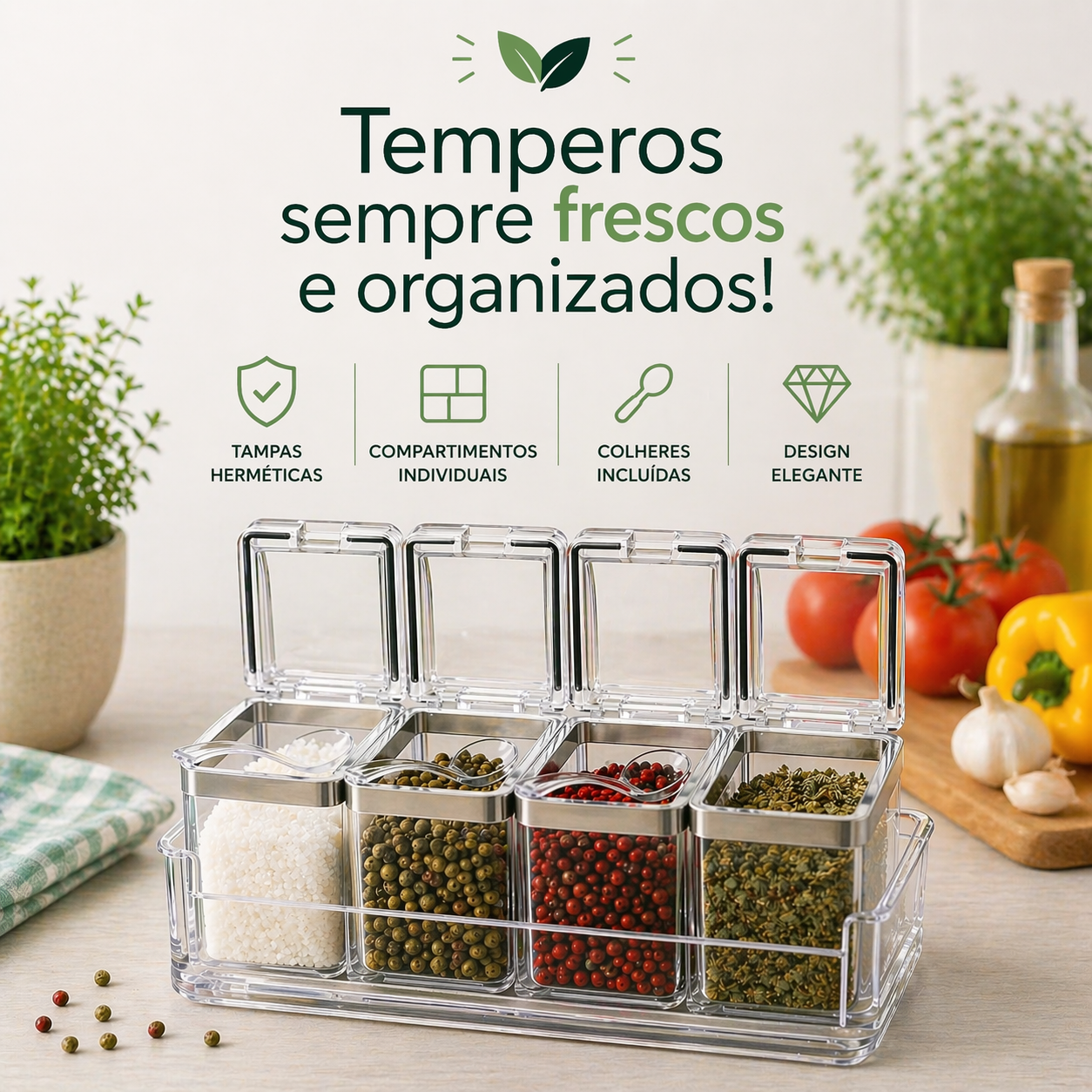 Caixa Organizadora de Temperos em Acrílico com 4 Compartimentos