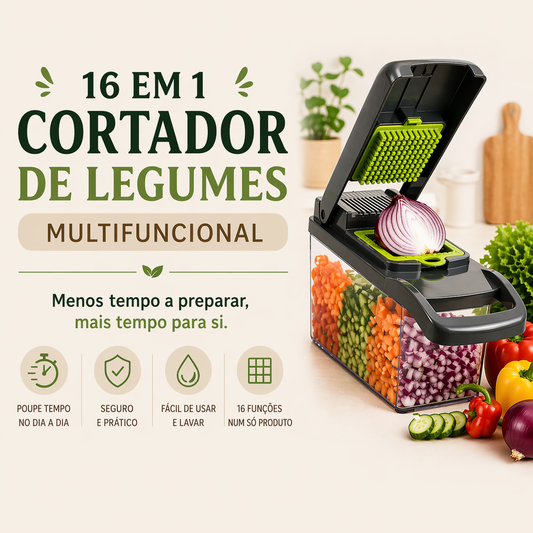 Cortador de Legumes Multifuncional 16 em 1 com Recipiente, Fatiador Ralador e Cortador